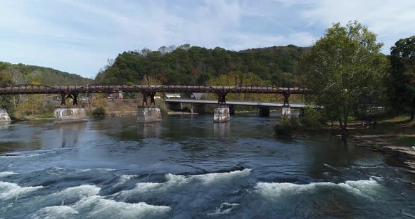 A low flyover view of the Youghiogheny River in Ohiopyle, Pennsylvania.