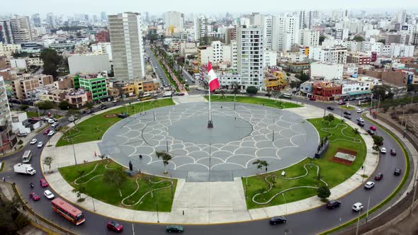 Drone Aerial View of Flag Square in Lima-Peru