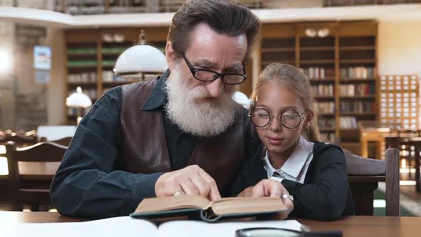 Senior Grandpa with Grey Beard sitting in the library and reading book