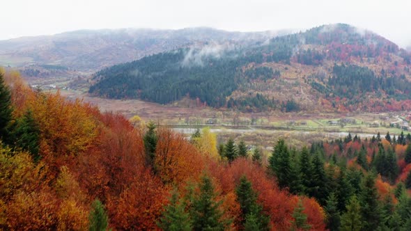 Vivid autumn natural landscape. Among mountains and colorful trees with haze above