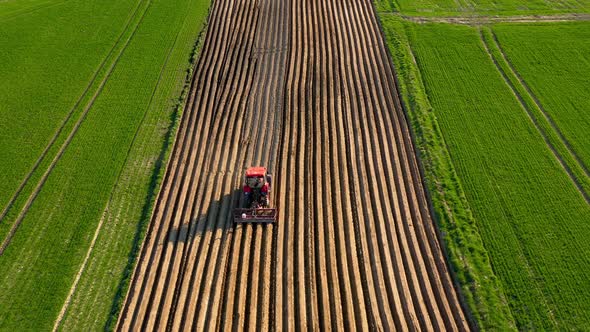 Aerial View of Tractor Performs Seeding on the Field