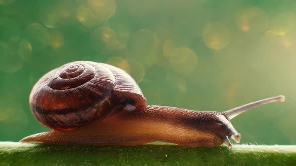 Snail crawls in forest