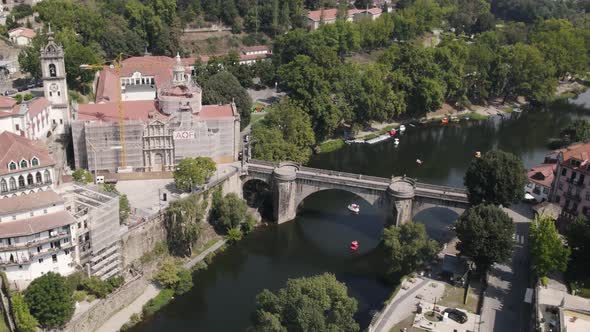 Sao Goncalo Bridge over the Tamega River, Amarante, Portugal. Aerial scenic view