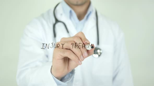 Injury Treatment, Doctor Writing on Transparent Screen