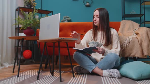 Woman Doing Planning Home Budget on Laptop and Counting Money Girl Checking Dollar Cash Income