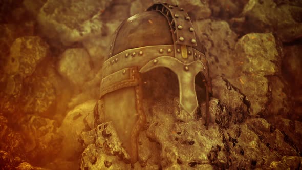 Ancient Warrior Helmet Embedded In A Volcanic Rock