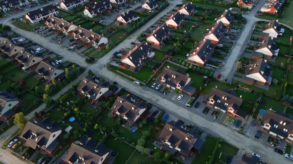 Aerial View of European Suburban Neighborhood at Sunset