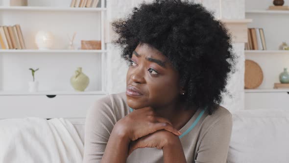 Depressed Worried African Woman Feeling Nervous Thinking About Problem Lost in Sad Thoughts Having