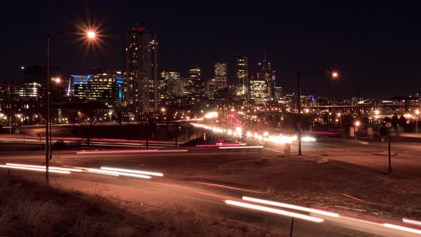 Denver Skyline with Night Traffic Timelapse