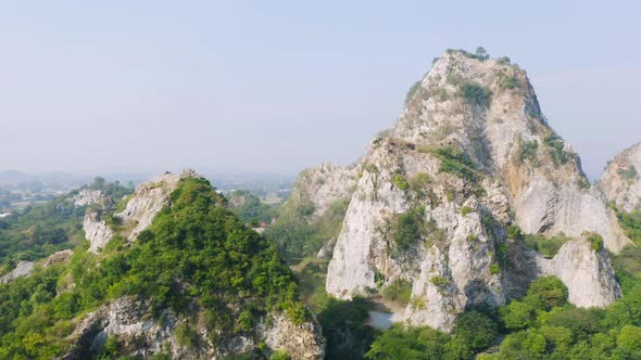 Aerial view of Khao Ngu Stone. National park with river lake, mountain valley hills