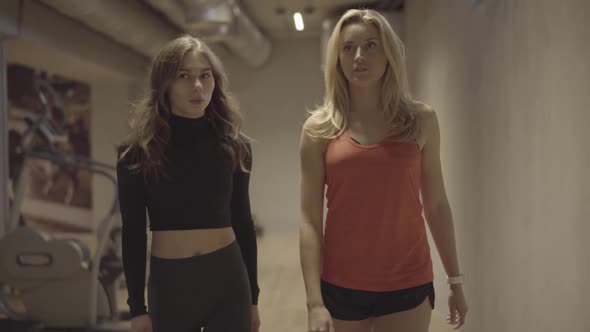 Serious Athletic Women Strolling in Gym and Talking. Portrait of Confident Beautiful Sportswomen