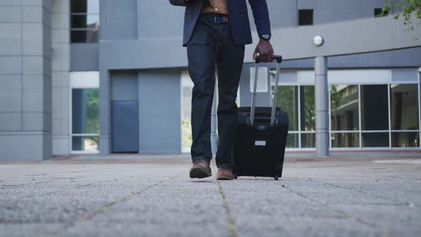 Low section of african american businessman walking with suitcase in street