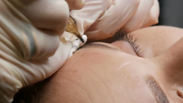 Beautician in Black Gloves Makes Permanent Makeup Correction of the Shape of the Eyebrows to a Young