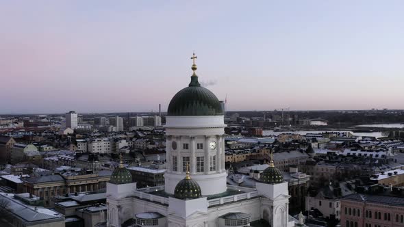 Beautiful aerial view from Helsinki Cathedral with colorful sky in the background. Helsinki Cityscap