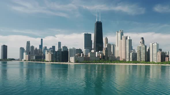 Beautiful Aerial Chicago Downtown Skyline on Summer Day Copy Space Background