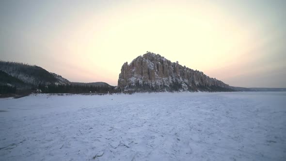 Snow-covered Rocks on the Bank o the Lena River in Russia