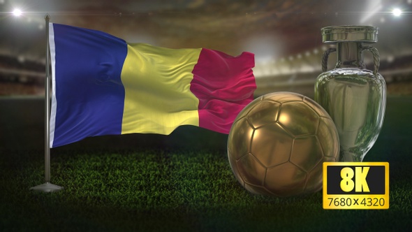 8K Romania Flag with Football And Cup Background Loop