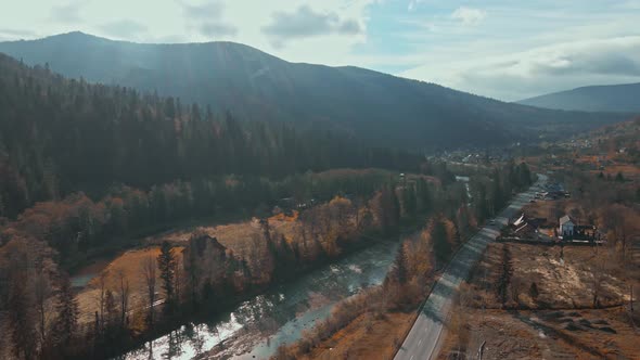 Aerial Countryside Ukrainian Village in Carpathian Mountains