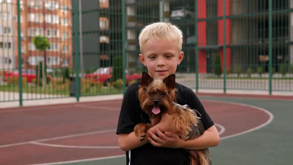 A Boy Holds a Yorkshire Terrier Dog Standing on a Sports Court in the Courtyard