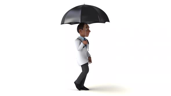 Fun 3D cartoon doctor walking with an umbrella