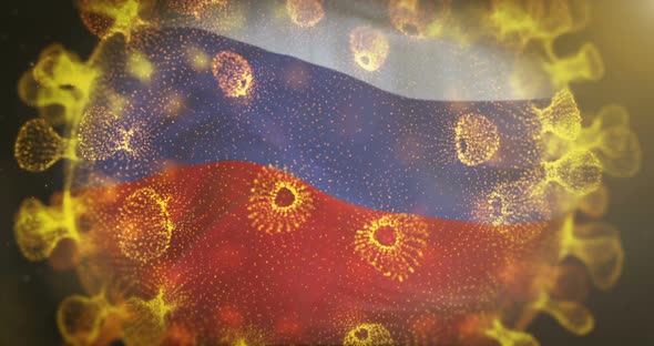 Russian Flag With Coronavirus Microbe Centered