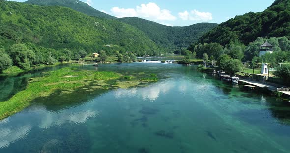 Aerial view of Una River between Croatia and Bosnia.