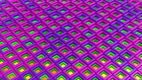 HD Abstract looped background of waves of cubes on a plane of bright colors. A grid of cubes