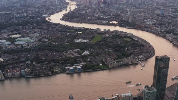 Aerial Panoramic Footage of Thames River Winding Through Town