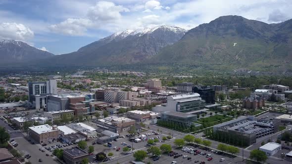 Aerial view of downtown Provo, Utah and the Wasatch Mountains