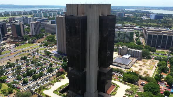 Breathtaking aerial orbital shot around the Central Bank of Brazil in Brasilia