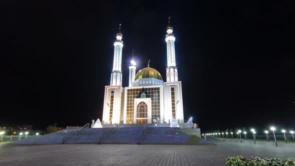 Mosque Nur Gasyr in the City of Aktobe Night Timelapse Hyperlapse. Kazakhstan