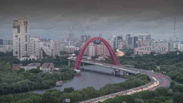 transition from day to night with a view of the Zhivopisny Bridge, Moscow