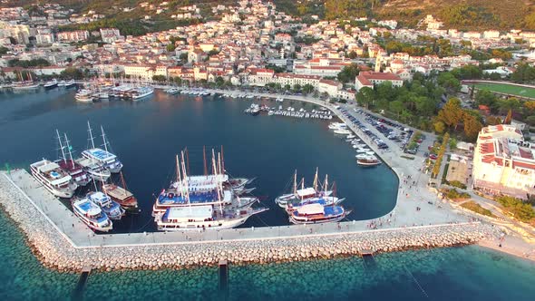 Aerial view of dalmatian bay with houses and football stadium