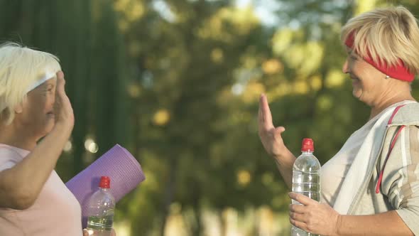 Female Fitness Trainer Giving High Five Sport Senior Woman Water Bottle and Mat