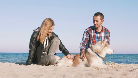 Young Caucasian Couple on Beach with Siberian Husky Dog