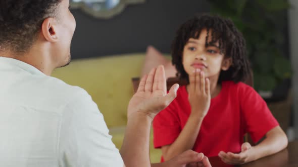 Happy biracial man and his son using sign language