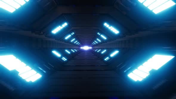 Fly Inside Of Futuristic Metallic Corridor With Blue Laser Neon Lines 5