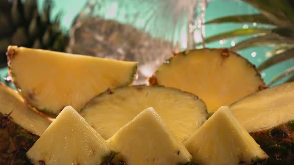 Slow Motion Shot of Pineapple and Water Splashing Through Pineapple Slices