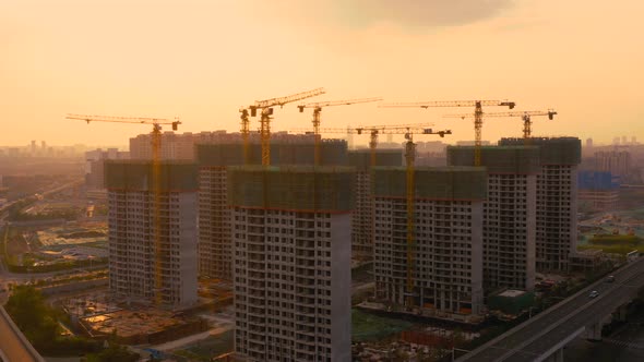 Aerial of construction site at sunset