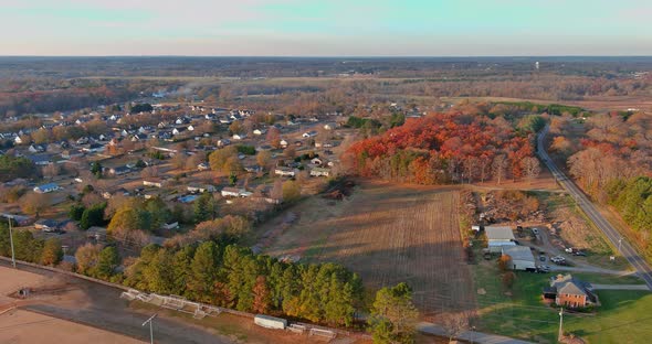 Aerial View of Houses By Roadside in Countryside Rural Road in Boiling Spring South Carolina with