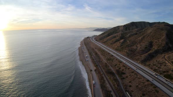 Ventura Freeway Highway 101 Pacific Coast California Aerial View High Above Roadway At Sunset