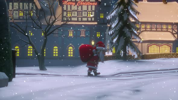 Santa Claus Carries a Bag with Gifts