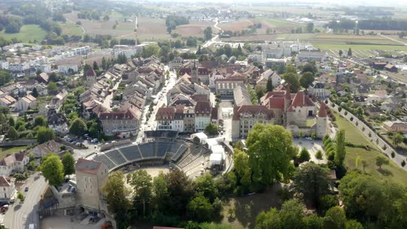 Aerial orbit of Avenches Roman arena and Medieval Castle