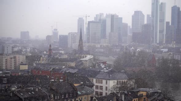 Frankfurt Germany Maine River And Business Towers In Snowy Day 