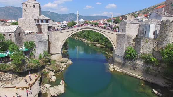 People on the bridge in Mostar waiting for jumping to start