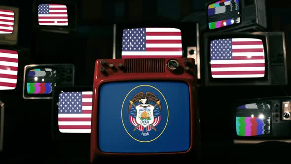 Utah flag and US Flags on Retro TVs.