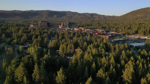 Flying Towards Harrah's Lake Tahoe Hotel And Casino In The United States - aerial drone shot