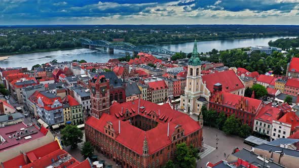 Summer view of Torun old town and Jozef Pilsudski bridge.