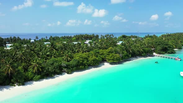 Aerial top down landscape of tropical shore beach voyage by blue ocean and white sand background of 