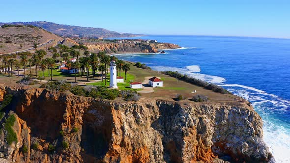 Panning right drone aerial shot of the Lighthouse on a cliff in Rancho Palos Verdes.